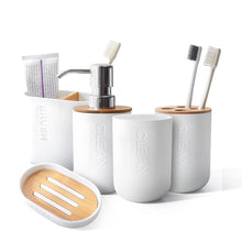 Load image into Gallery viewer, 6Pcs Bamboo Bathroom Set Toilet Brush Holder Toothbrush Glass Cup Soap Dispenser Soap Dish Bathroom Accessories
